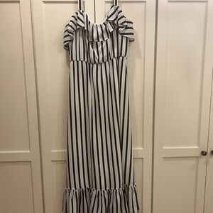 Betsey Johnson Navy and White Vertical Stripe Maxi Dress with Ruffle